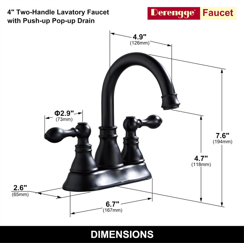 Derengge Two Handle Bathroom Sink Faucet - Matte Black 3 Hole with Overflow Pop up Drain, 360 Swivel Spout, Centerset Lavatory Faucet, F-4501-MT - Image 2
